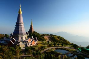 Chiang Mai, Thailand: Twin pagodas, Phra Mahathat Naphamethanidon and Naphaphonphumisiri, atop Doi Inthanon. Gay travel destination.