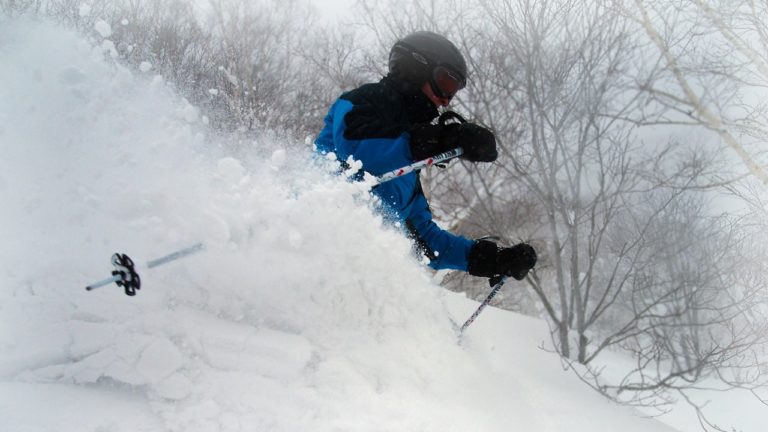 Gay skier shredding powder. Man in blue jacket skiing downhill in deep snow. Winter travel adventure. Skiing in Japan.