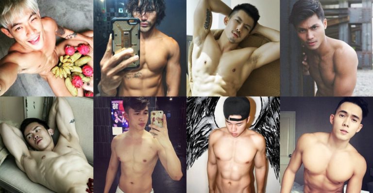Collage of hot, shirtless Asian gay guys, leading Instagram influencers. Travel inspiration for gay men, showcasing diverse physiques.