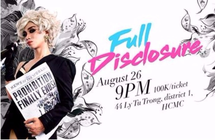 Full Disclosure parody night party in Ho Chi Minh City. Drag queen holds newspaper. August 26, 9PM at 44 Ly Tu Trong, District 1, HCMC.