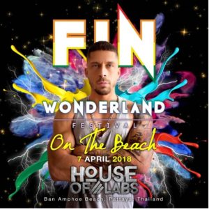 House of Labs' FIN Wonderland Festival Pattaya poster. Gay travel event on Ban Amphoe Beach, Thailand. Muscular man with tattoos.