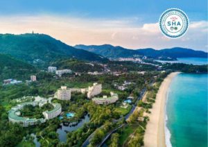 Aerial view of the Gay-Friendly Hilton Phuket Arcadia Resort & Spa. Beachfront hotel with SHA certification. Ideal for gay travel.