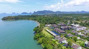 The Shell Sea Krabi, gay-friendly hotel. Aerial view of resort, ocean, & islands. A tranquil gay travel destination in Thailand.