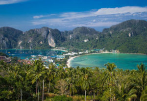Gypsy Sea View Resort in Koh Phi Phi, Thailand. Top Instagram view from gay hotel. Tropical island, turquoise sea, and lush mountains.