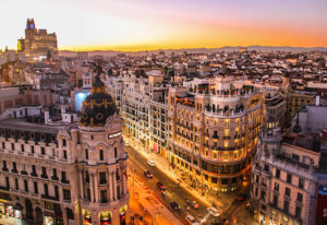 Madrid cityscape at sunset for Gay Madrid Travel Guide. Best gay travel destinations, latest update this year.