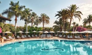 Beachfront gay hotel in Gran Canaria. Pool with sunbeds and umbrellas surrounded by palm trees. Most booked gay hotel for gay men travelers.