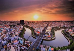 Ho Chi Minh City skyline at sunset. Gay travel guide to Vietnam's largest city. New update for gay travelers in Ho Chi Minh.