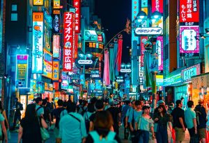 Crowded street scene in Tokyo, Japan, illuminated by vibrant neon signs. Best Gay Travel Guide Tokyo. This Year Update.