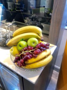 Fruit bowl at Best Western Plus Vauxhall Hotel. Bananas, apples, and grapes offer a healthy snack at this gay-friendly hotel.