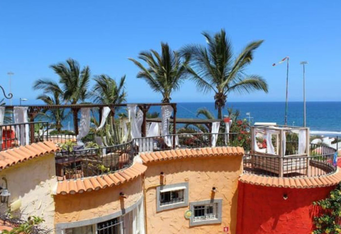 Pasion Tropical, gay only resort in Playa del Ingles, Gran Canaria. Adults-only hotel rooftop with ocean view, palm trees, and cabanas.