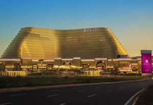 Okada Manila, a gay-friendly hotel. Golden facade of the luxury resort. A top choice for gay travelers in Manila, Philippines.
