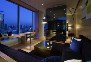 Shinjuku Granbell Hotel room with city view at night. Gay-friendly hotel in Shinjuku, Japan. Modern design, perfect for gay travelers.