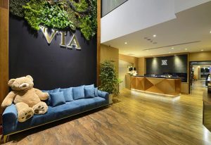 Via Hotel Taipei Station lobby. Gay-friendly hotel with a teddy bear on a blue sofa, a living wall, and a modern reception desk.