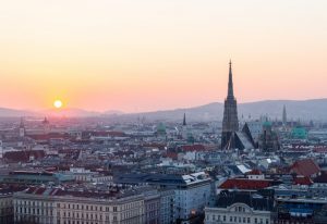 Gay Vienna travel guide: Cityscape at sunset. Vienna, Austria is a top gay destination in Europe. Skyline view with St. Stephen's Cathedral.