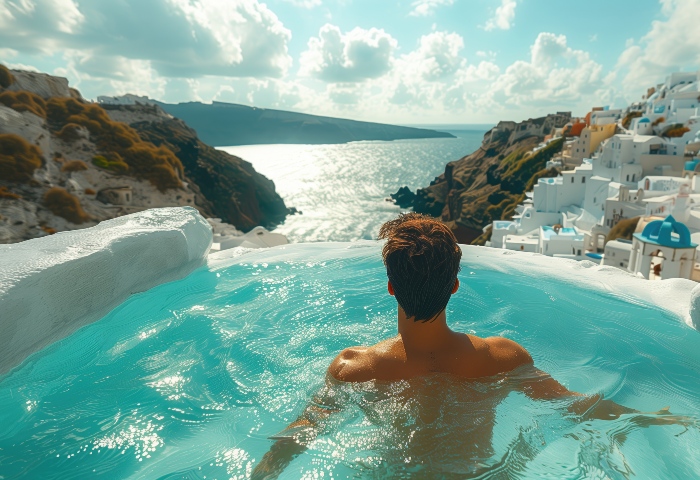 Man in Santorini pool overlooking the caldera. Gay hotel vacation travel. Visiting locations around world. Best hotels in Santorini.