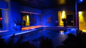 Covent Garden Health Spa gay sauna. Interior of a gay sauna with a pool, blue lighting, plants, and artwork. Gay travel and health.