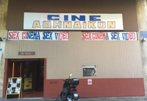Athinaikon Cinema, Athens: Adult cinema in Greece, featuring Sex Cinema Sex Video signage. A destination for gay men seeking adult entertainment.