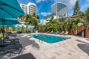 Nobleton Hotel's gay-friendly pool area. Lounge chairs and umbrellas surround a sparkling pool. Perfect for gay travel and relaxation.