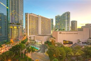 Hyatt Regency Miami, a gay-friendly hotel. View of the hotel and Miami Convention Center. A great choice for gay travelers in Miami.