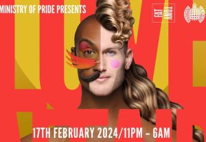Ministry of Pride presents Love Affair: A split-face image of a person with makeup, mustache, and styled hair. Gay event promo.