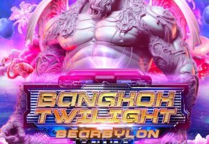 Bangkok Twilight BEARBYLON Foam & Wet Park promo. Gay travel event in Thailand. Muscled statue, flamingo, and pink neon lights.