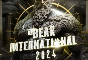 Mister Bear International 2024 promo image. Statue with Mr. Bear International 2024 text overlayed. Bear paw print. Gay event, travel.