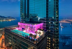 W Hong Kong, a gay-friendly hotel. Rooftop pool with Victoria Harbour view. Number one hotel in Hong Kong Island. Night scene.