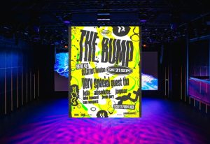 The Bump gay event poster, Soho, London. Hosted by Mighty Hoopla. Vibrant graphic design, promoting a gay weekend event. Best gay party in London.