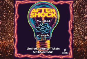 London's Aftershock gay after-party promo. Lightbulb design with Love Muscle text. Tickets on sale. Gay travel advice.