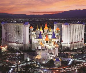 Excalibur Hotel, a gay-friendly hotel in Las Vegas, Nevada. The hotel is designed like a medieval castle with colorful spires.