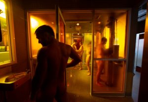 Toronto gay bathhouse sauna. Men in a steam room. Best Toronto Gay Bathhouses and Saunas. Gay travel advice.