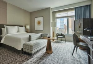 Four Seasons Downtown luxury hotel room in New York. Modern design, city view. Popular choice in Greenwich & East Village gayborhoods.