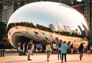 Chicago's Cloud Gate (The Bean) sculpture. A popular tourist destination for gay travelers in Chicago, Illinois. Gay Chicago Travel Guide.