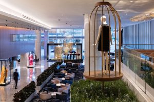 Fairmont Pacific Rim Hotel lobby. A gay-friendly hotel with a mannequin in a birdcage. Modern design, luxury travel, Vancouver.