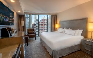 Parker Hotel Vancouver room. Gay-friendly hotel with city view, king bed, desk, & TV. Ideal for gay men travelers seeking comfort & style.