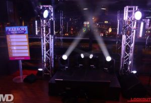 Lookout Gay Bar in San Francisco stage setup for Karaoke. Lighting trusses, stage, and karaoke sign. Nightlife in the Castro district.