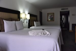 Hotel Royal Reforma gay-friendly room. Two beds with white linens, decorative towel, lamps, and artwork. Gay travel in Zona Rosa, Mexico City.