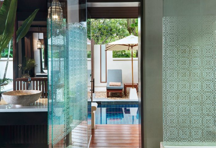 Santiburi Koh Samui Deluxe Pool Villa bathroom. Private pool view from luxurious bathroom. Gay travel to Thailand.