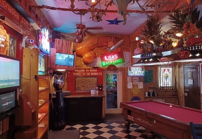 Interior of Mona's Cocktail Lounge, a gay bar. Pool table, TVs, neon signs, and quirky decor. A fun, welcoming space for gay men's travel. 2-10.jpg