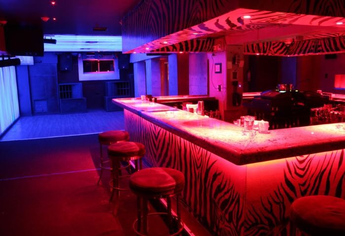 Interior of Twist gay bar with zebra print, red and blue lights. Stools line the bar. Gay travel advice.