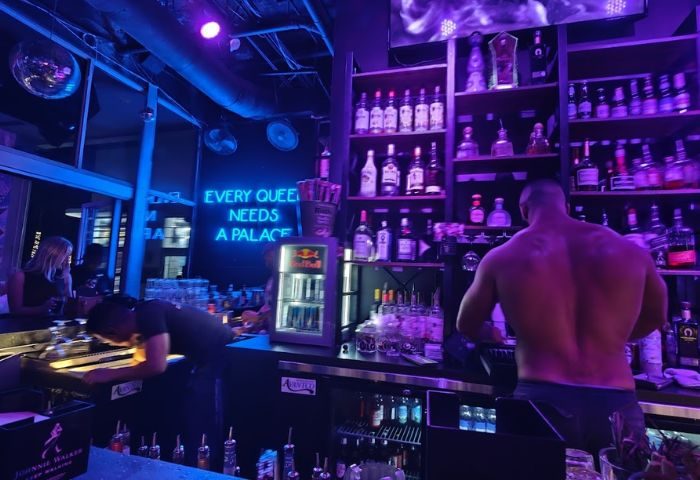 Palace Bar: A shirtless bartender works at this gay bar. Neon sign reads Every queen needs a palace. Nightlife at its finest! 3-24.jpg