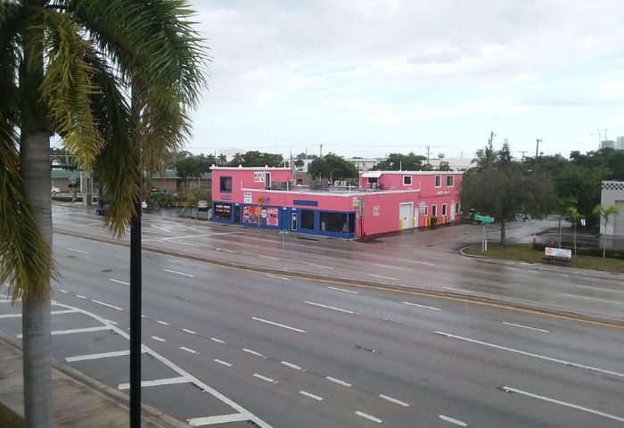 Mona's Cocktail Lounge, a gay bar in Wilton Manors, Florida. Pink building with blue trim on a rainy day. Palm tree in foreground. 4-10.jpg