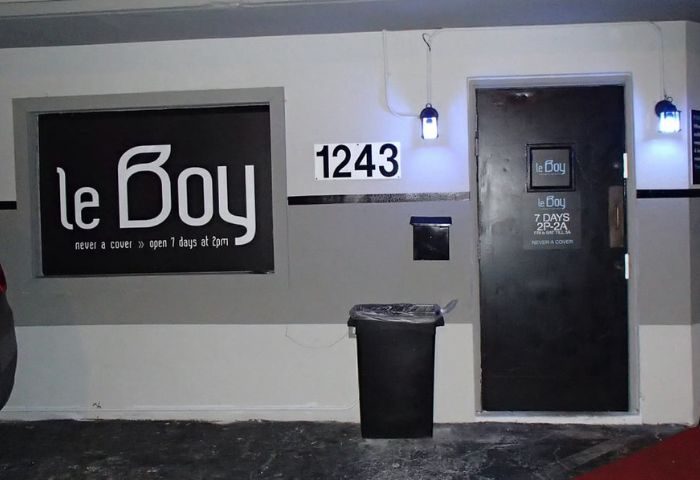 LeBoy gay bar entrance. Signage displays LeBoy, address 1243, and hours. Gay travel advice, nightlife, and gay-friendly destinations.