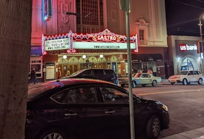 Castro Theatre, a San Francisco landmark in the gay Castro District. Night view of the iconic movie palace, a popular gay travel destination.