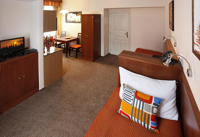 Anyday Apartments living room. Cheap gay hotels in Prague gayborhood. Room with bed, table, chairs, TV, and closet. Gay travel advice.