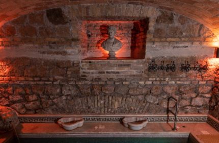 Apollion Sauna Rome: Interior view of the sauna, featuring a stone wall with a bust in a niche, and a small pool. Gay travel advice.