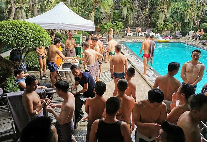 Babylon Bangkok gay sauna and spa. Men socialize near the pool at this popular gay venue in Silom. Best gay sauna in Bangkok.