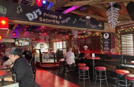 Interior of Bacchus Waikiki gay bar in Honolulu. DJ's Friday & Saturday nights. Red stools, bar, and patrons. Gay travel advice.