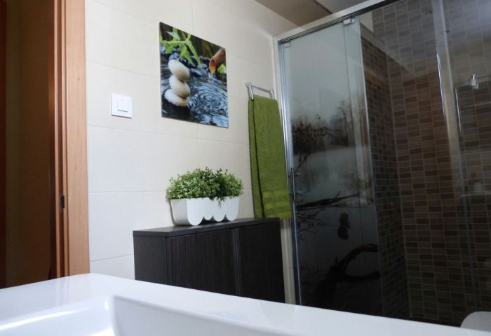 Bathroom interior at Baños Finisterre Gay Sauna in Mexico. Shower, cabinet, plant, and artwork create a relaxing spa atmosphere.