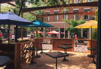 Outdoor patio at Bar Renard in Montreal. Tables with umbrellas. Gay travel advice. Montreal's gay village.